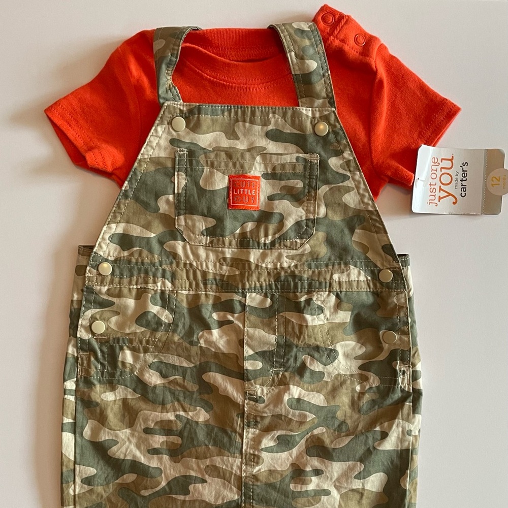 Just One You By Carters 2 Piece Set Camo Overalls and Orange Onesie Size 12 Mo